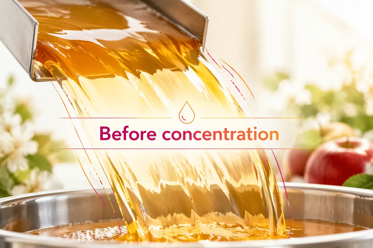 Clarified juice pouring from a stainless steel chute into a tank before concentration, with a caption overlay